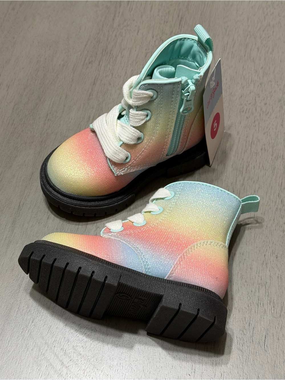 Kids 5c Rainbow Glitter Lace-Up Boots with Side Zip